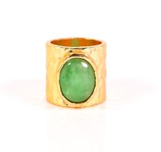 Handmade Brass Hammered Ring with Green Jade Gemstone for Women 22k Gold Plated